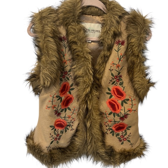 Boston Proper Jackets & Blazers - Boston Proper Floral Embroidered Faux Fur Vest